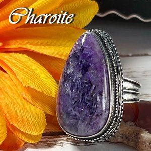 Russian Charoite Ring Natural Gemstone Teardrop Handmade 925 Silver Size 6.5-7
